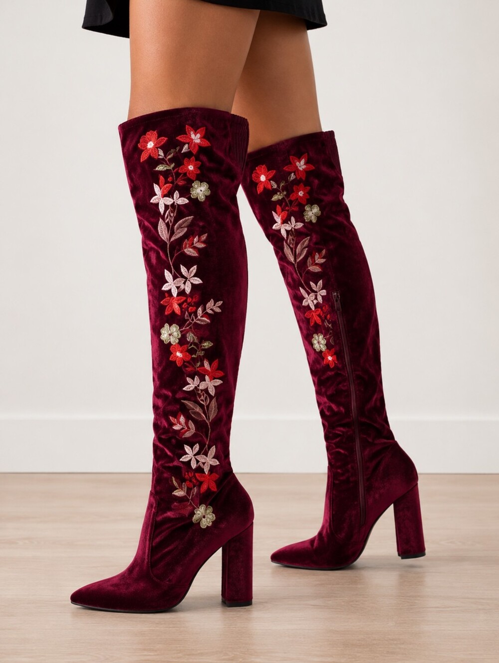 QUPID | Burgundy Velvet Embroidered Thigh High Boots Floral Block Heel Statement - Picture 1 of 6